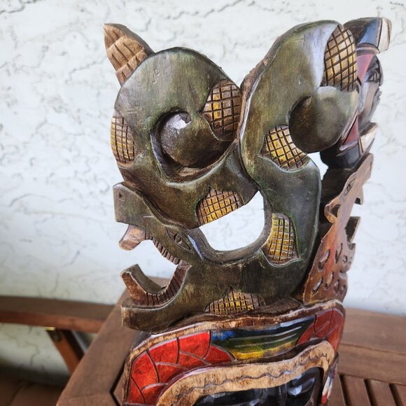Hand-Carved Mayan Aztec Wooden Mask Tribal Wall Art with Snake, Jaguar & Warrior - Picture 4 of 16